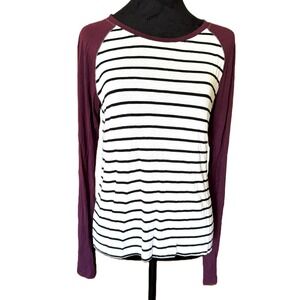 Prince & Fox‎ Womens Raglan Long Sleeve Striped Baseball Top Wine Black White L